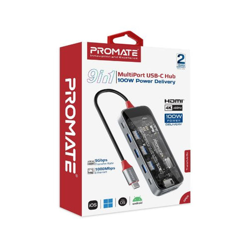 TRANSHUB-GO - PROMATE TRANSHUB-GO - 9-in-1 USB Multi-Port Hub USB-C Connector. Includes 100W PD 4K HDMI Port RJ45 Port