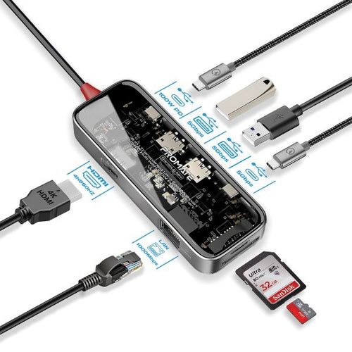 TRANSHUB-MINI - PROMATE TRANSHUB-MINI - 8-in-1 USB Multi-Port Hub USB-C Connector. Includes 100W PD 4K HDMI Port RJ45 Port