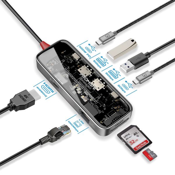 PROMATE TRANSHUB-MINI - 8-in-1 USB Multi-Port Hub USB-C Connector. Includes 100W PD 4K HDMI Port RJ45 Port