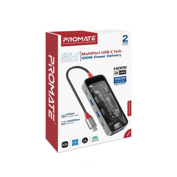 PROMATE TRANSHUB-MINI - 8-in-1 USB Multi-Port Hub USB-C Connector. Includes 100W PD 4K HDMI Port RJ45 Port