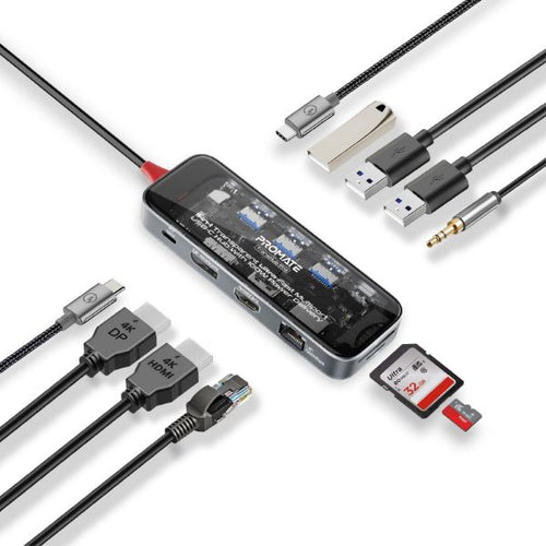 TRANSHUB-PRO - PROMATE TRANSHUB-PRO - 11-in-1 USB Multi-Port Hub w/ USB-C Connector Includes 100W PD Dual Monitor Port