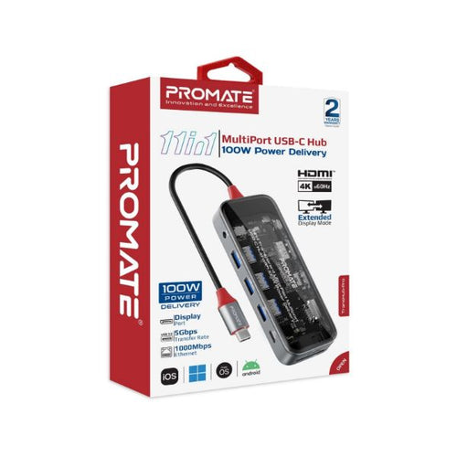 TRANSHUB-PRO - PROMATE TRANSHUB-PRO - 11-in-1 USB Multi-Port Hub w/ USB-C Connector Includes 100W PD Dual Monitor Port