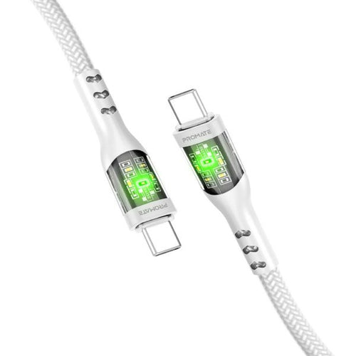 TRANSLINE-CC-WHT - PROMATE TRANSLINE-CC-WHT - 1.2m USB-C to USB-C Cable w/ Transparent Connectors & LED Supports 60W PD. White