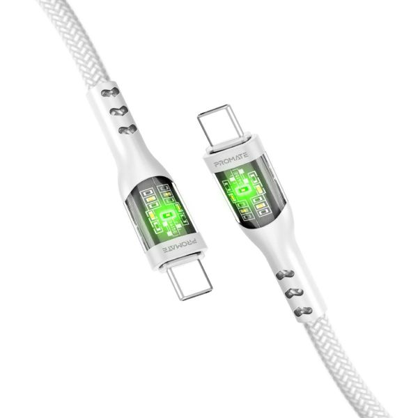PROMATE TRANSLINE-CC-WHT - 1.2m USB-C to USB-C Cable w/ Transparent Connectors & LED Supports 60W PD. White