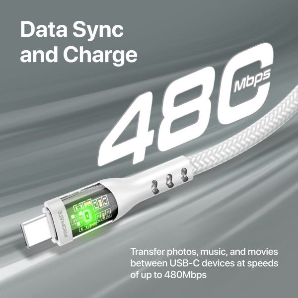 PROMATE TRANSLINE-CC-WHT - 1.2m USB-C to USB-C Cable w/ Transparent Connectors & LED Supports 60W PD. White