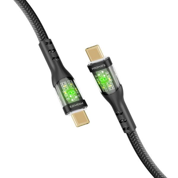 PROMATE TRANSLINE-CC200B - 2m USB-C to USB-C Cable Transparent Connectors & LED'' Supports 60W PD. 25000+ Bend