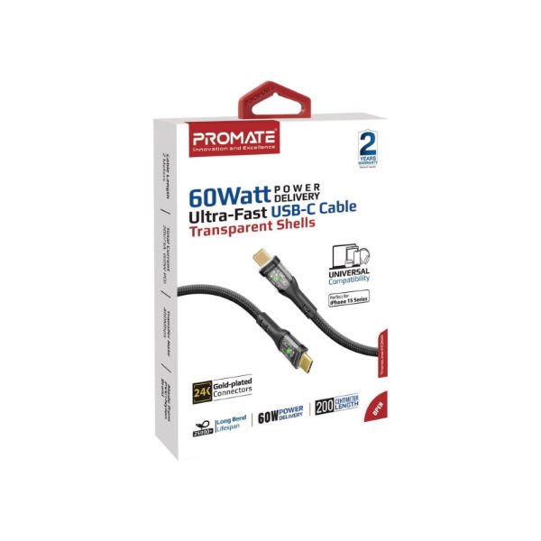PROMATE TRANSLINE-CC200B - 2m USB-C to USB-C Cable Transparent Connectors & LED'' Supports 60W PD. 25000+ Bend