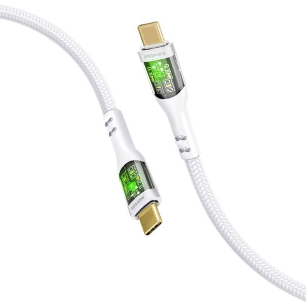 PROMATE TRANSLINE-CC200W - 2m USB-C to USB-C Cable Transparent Connectors & LED'' Supports 60W PD. 25000+ Bend