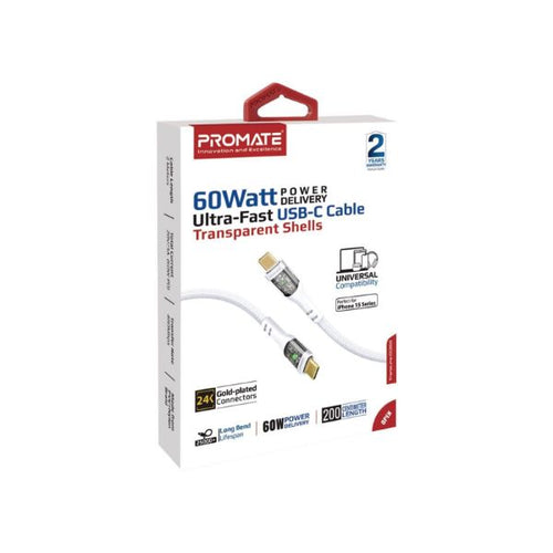 TRANSLINE-CC200W - PROMATE TRANSLINE-CC200W - 2m USB-C to USB-C Cable Transparent Connectors & LED'' Supports 60W PD. 25000+ Bend