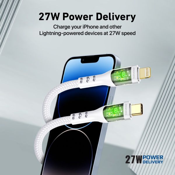 PROMATE TRANSLINE-CI-WHT - 1.2m USB-C to Lightning Cable w/ Transparent Connectors & LED White
