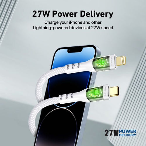 TRANSLINE-CI-WHT - PROMATE TRANSLINE-CI-WHT - 1.2m USB-C to Lightning Cable w/ Transparent Connectors & LED White