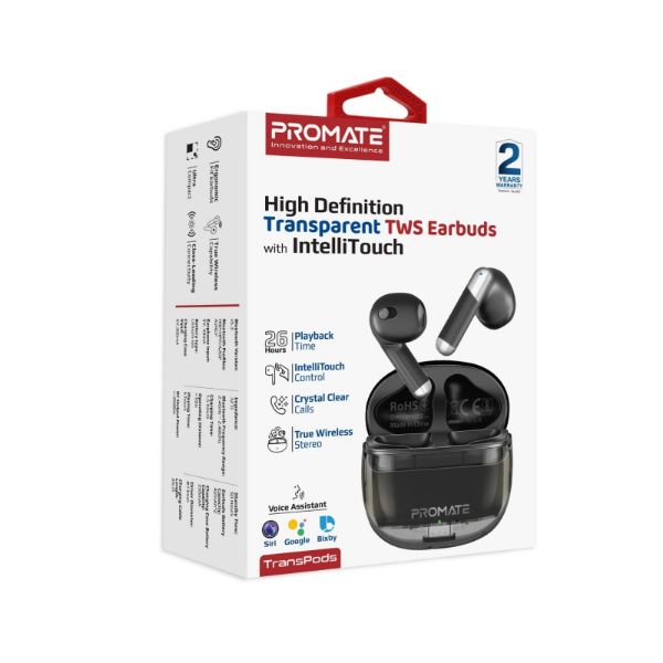 PROMATE TRANSPODS-BLK - In-Ear HD Bluetooth Earbud Intellitouch & 300mAh Charging Case. Ergonomic Fit