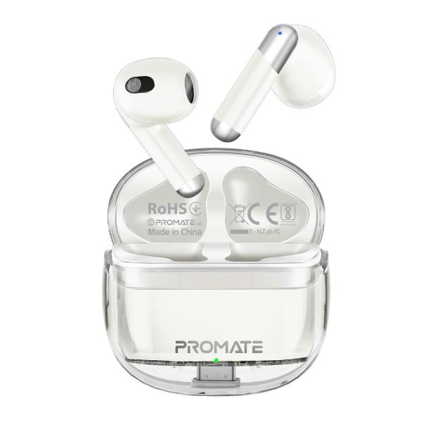 PROMATE TRANSPODS-WHT - In-Ear HD Bluetooth Earbud Intellitouch & 300mAh Charging Case. Ergonomic Fit