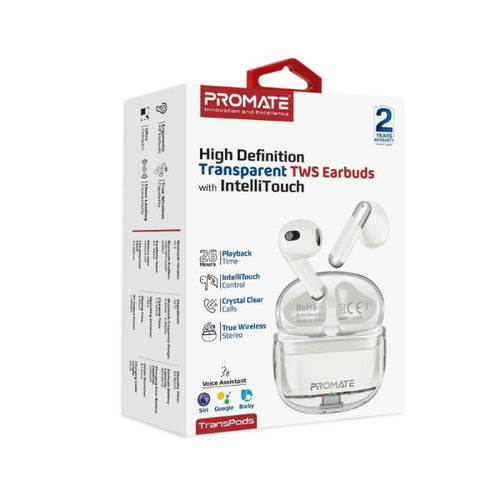 TRANSPODS-WHT - PROMATE TRANSPODS-WHT - In-Ear HD Bluetooth Earbud Intellitouch & 300mAh Charging Case. Ergonomic Fit