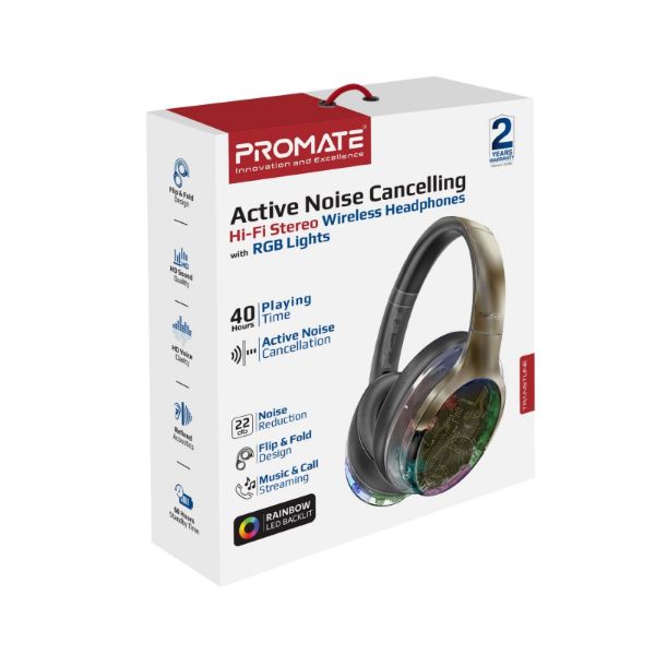 PROMATE TRANSTUNE-GMT - HiFi Stereo Wireless Bluetooth Active Noice Cancelling Headphones Gun Metal