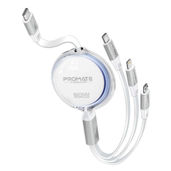 PROMATE TRIOCORD-R-WHT - 1.1m 3in1 Ultra-Fast USB-C Retractable Multi-Connector Supports 60W PD USB-C to USB-C