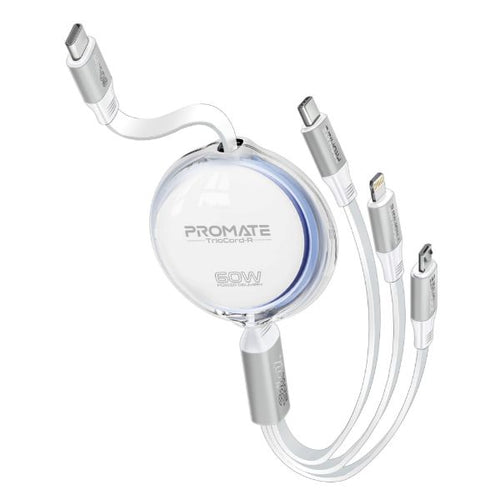 TRIOCORD-R-WHT - PROMATE TRIOCORD-R-WHT - 1.1m 3in1 Ultra-Fast USB-C Retractable Multi-Connector Supports 60W PD USB-C to USB-C