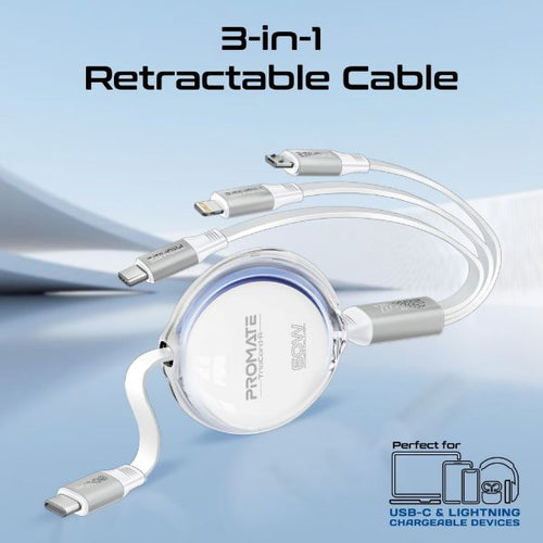 TRIOCORD-R-WHT - PROMATE TRIOCORD-R-WHT - 1.1m 3in1 Ultra-Fast USB-C Retractable Multi-Connector Supports 60W PD USB-C to USB-C