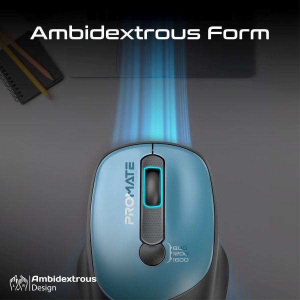 PROMATE UNIGLIDE-BL - EZGrip Ambidextrous Ergonomic Wireless Mouse. 800/1200/1600Dpi Plug & Play