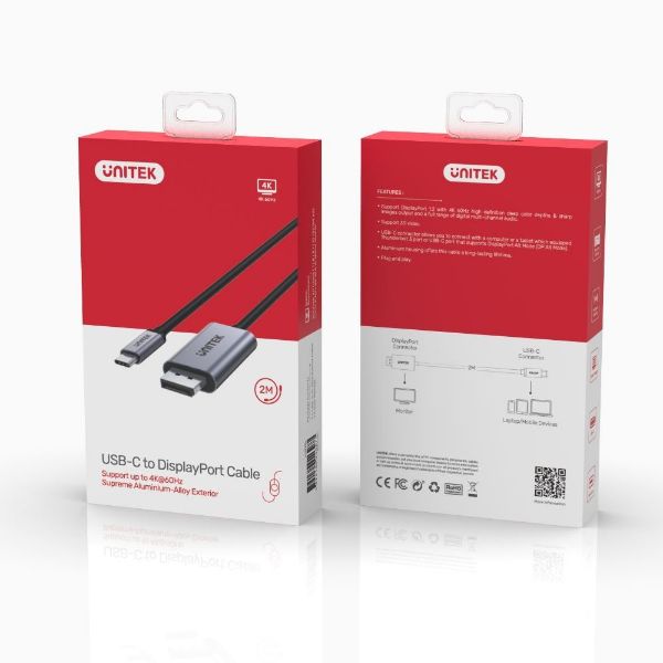UNITEK V1409A - 2m 4K USB-C to DisplayPort 1.2 Cable in Aluminium Housing upto 4K@60Hz. Plug & Play.