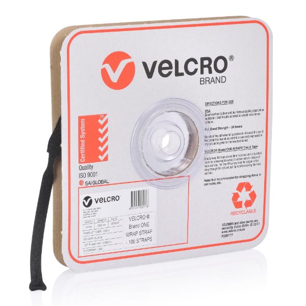 VELCRO VEL20017 - One-Wrap 19mm x 200mm Pre-sized Ties. 100 Ties Roll. Integrated Hook & Loop