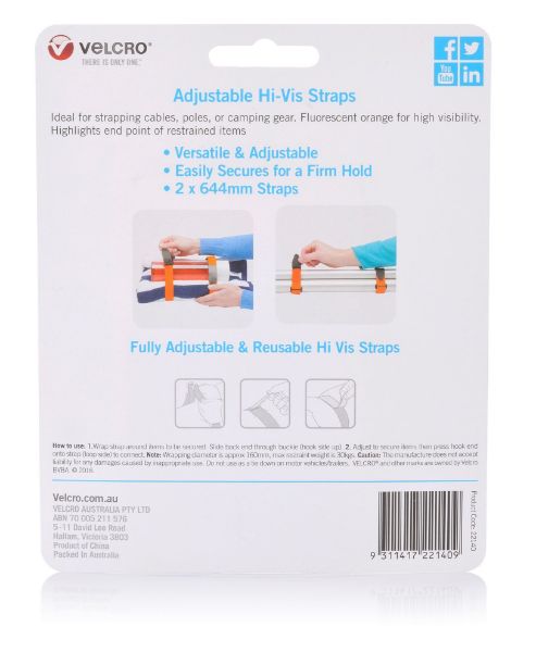VELCRO VEL22140 - 25mm x 644mm 2 Pack Adjustable & Reusable Hi-Vis Bundle & Secure Bulky