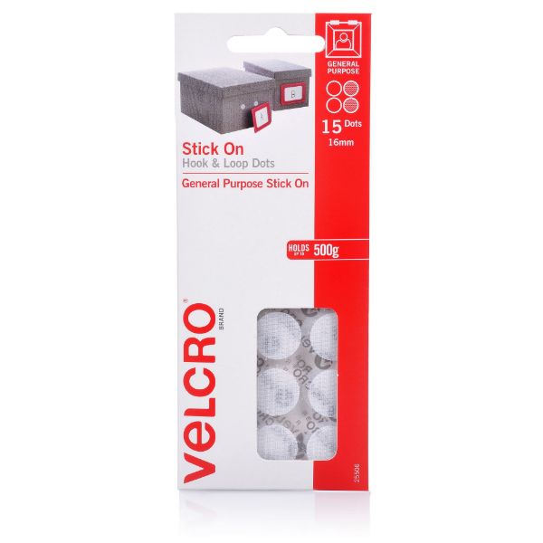 VELCRO VEL25506 - 16mm Stick On Hook & Loop Dots. Pack of 15 General Purpose