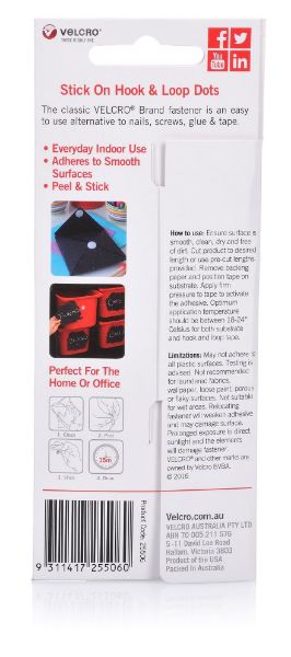 VELCRO VEL25506 - 16mm Stick On Hook & Loop Dots. Pack of 15 General Purpose