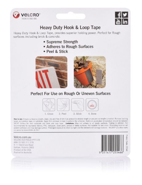 VEL25546 - VELCRO VEL25546 - 25mm x 100mm Heavy Duty Pre-cut 6Pack 3pc Hook & 3pc Loop) Surface Tape