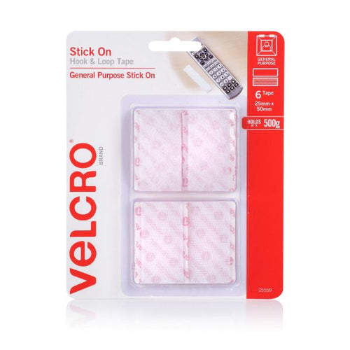 VELCRO VEL25559 - 25mm x 50mm Hook & Loop Pre-Cut Stick On 6 Pack Surface Tape.