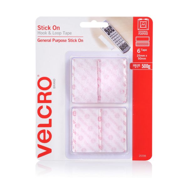 VELCRO VEL25559 - 25mm x 50mm Hook & Loop Pre-Cut Stick On 6 Pack Surface Tape.