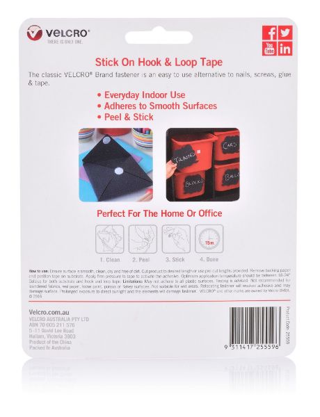 VELCRO VEL25559 - 25mm x 50mm Hook & Loop Pre-Cut Stick On 6 Pack Surface Tape.