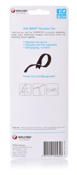 VELCRO VEL25564 - 25mm x 200mm ONE-WRAP Reusable Hook & Loop 5 Pack Ties. Self Gripping
