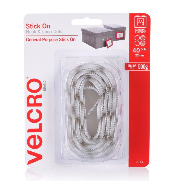 VELCRO VEL25569 - 22mm Stick On Hook & Loop Dots. Pack of 40 General Purpose Simple &