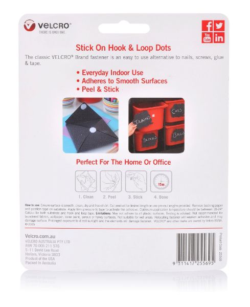 VELCRO VEL25569 - 22mm Stick On Hook & Loop Dots. Pack of 40 General Purpose Simple &