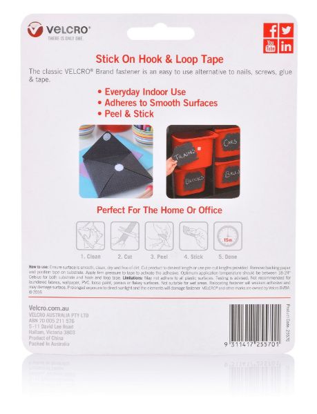 VELCRO VEL25570 - 25mm x 1m Stick On Hook & Loop Tape. Designed for General Purpose