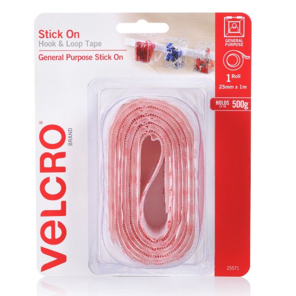 VELCRO VEL25571 - 25mm x 1m Stick On Hook & Loop Tape. Designed for General Purpose