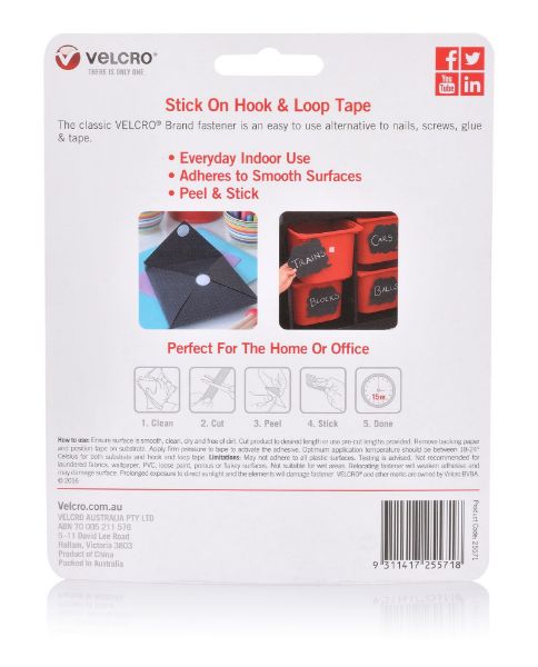 VELCRO VEL25571 - 25mm x 1m Stick On Hook & Loop Tape. Designed for General Purpose