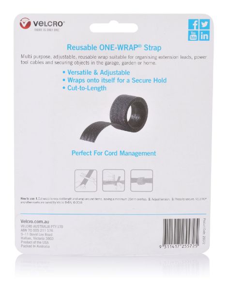 VELCRO VEL25572 - 25mm x 2m Reusable Cut-to-Lenght ONE-WRAP Strap. Designed for Cable Bundling