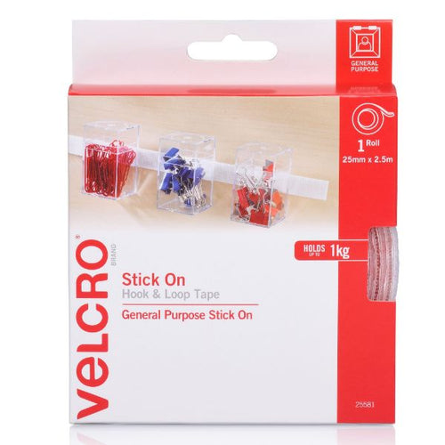 VEL25581 - VELCRO VEL25581 - 25mm x 2.5m Stick on Hook & Loop Roll/Tape. Hanging & Attaching Items