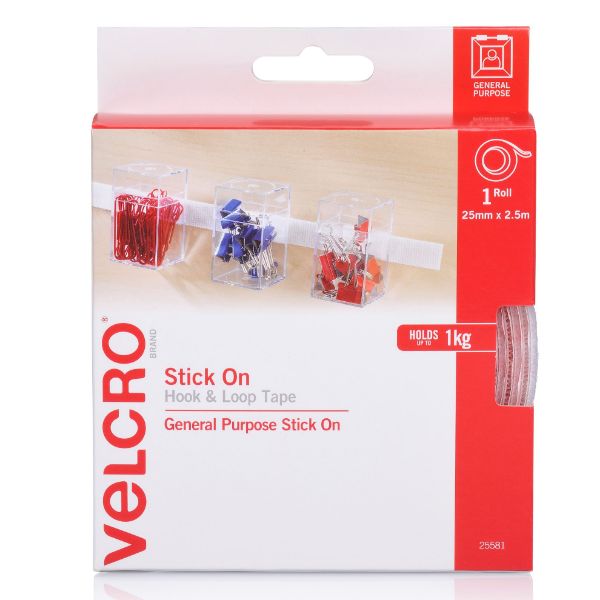 VELCRO VEL25581 - 25mm x 2.5m Stick on Hook & Loop Roll/Tape. Hanging & Attaching Items