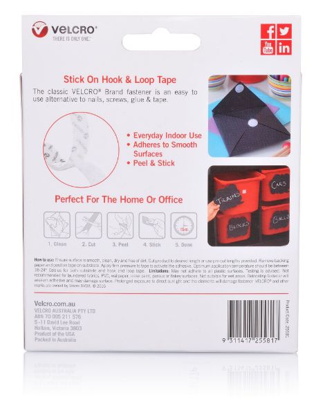 VEL25581 - VELCRO VEL25581 - 25mm x 2.5m Stick on Hook & Loop Roll/Tape. Hanging & Attaching Items