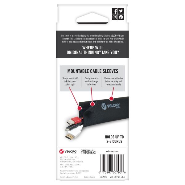 VELCRO VEL30795 - Mountable Cable Sleeves. Mount Electrical Cords Easy to Add or Change Cables.