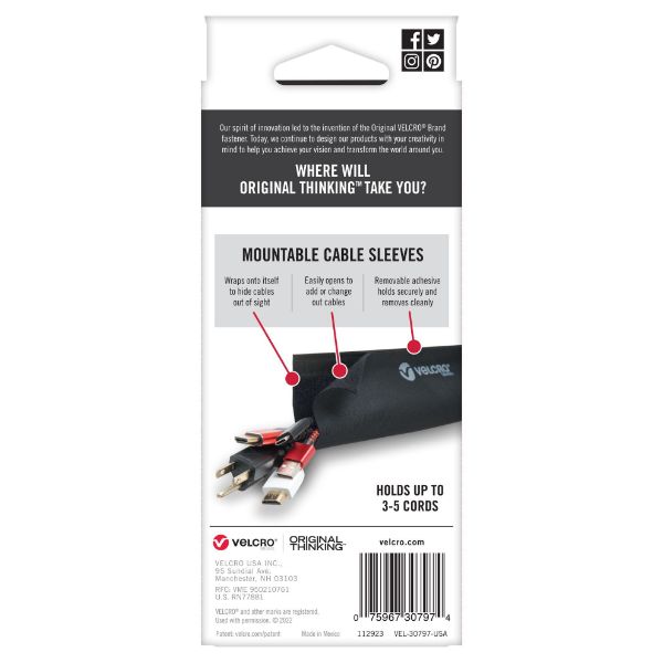 VELCRO VEL30797 - Mountable Cable Sleeves. Mount Electrical Cords Easy to Add or Change Cables.
