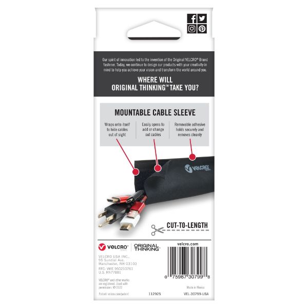 VELCRO VEL30799 - Mountable Cable Sleeves. Mount Electrical Cords Easy to Add or Change Cables.