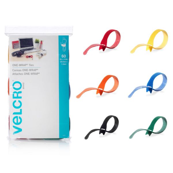VELCRO VEL93007 - One-Wrap 203mm x 12mm Multicolour Pre-Cut Cable Ties 60 Piece Pack