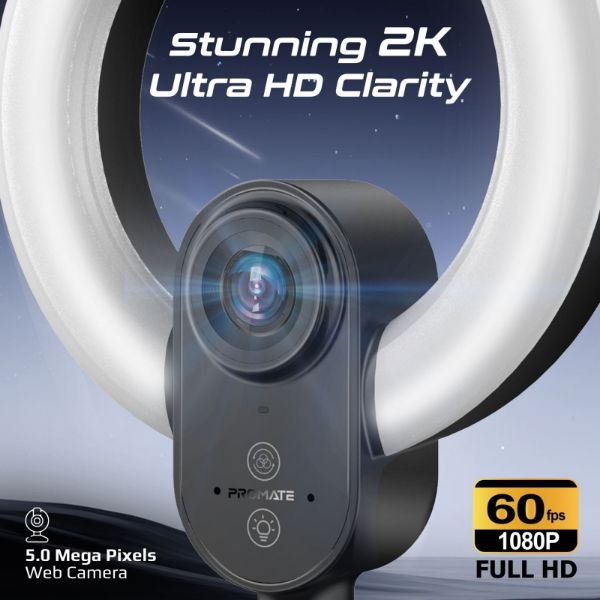 PROMATE VISTACAM - 2K 5MP UHD Webcam w/ Built-in Mic Ring Light & Detachable Tripod