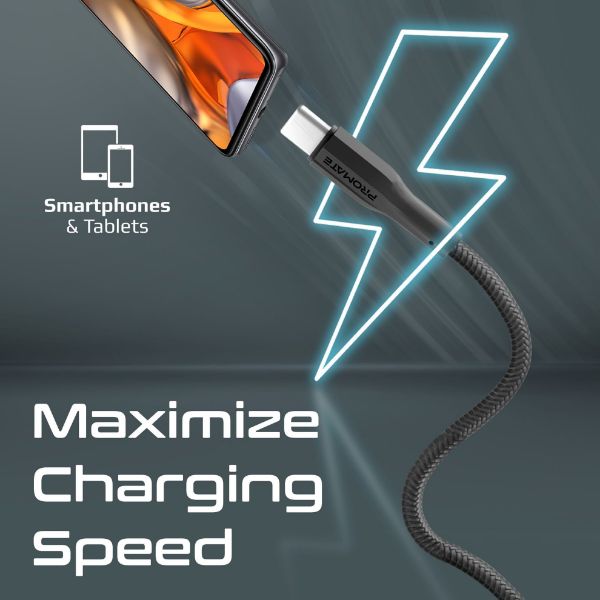PROMATE XCORD-AC200-BLK - 2M USB-A to USB-C Super Flexible Cable. Supports 2A Charging & 480Mbps Data