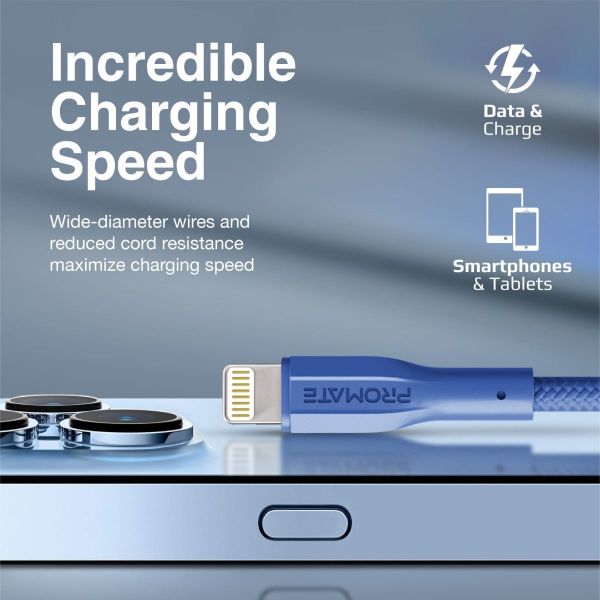 PROMATE XCORD-AI-BL - 1M USB-A to Lightning Connector Super Flexible Cable 2A Charging & 480Mbps Data
