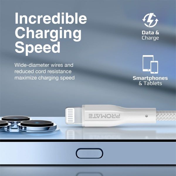 PROMATE XCORD-AI-WHT - 1M USB-A to Lightning Connector Super Flexible Cable 2A Charging & 480Mbps Data